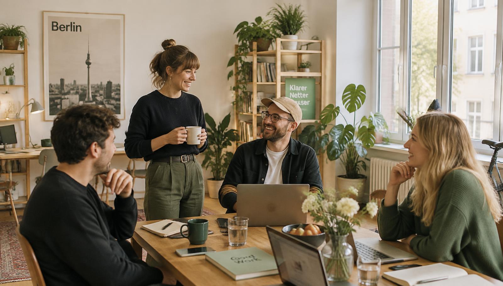 Vier Mitglieder des HeliomCap-Teams im entspannten Gespräch an einem Holztisch in einem hellen Berliner Büro
