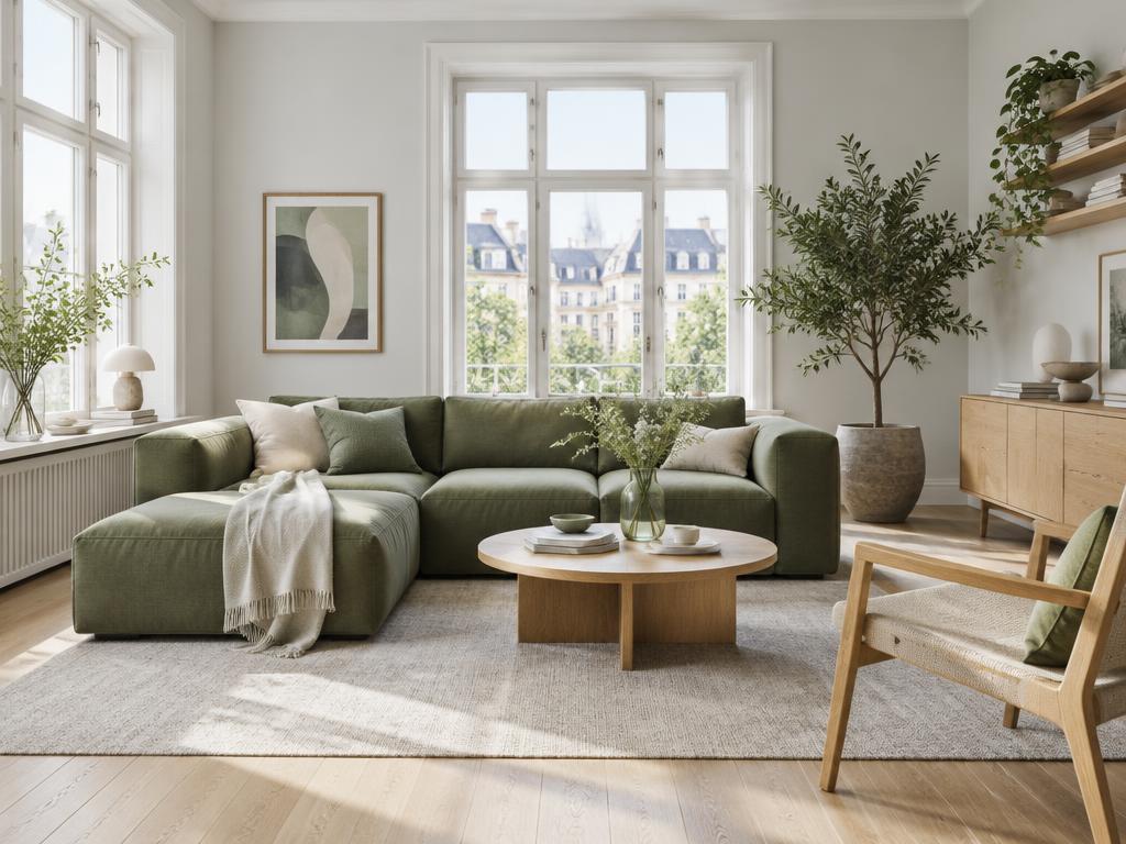 Helles Wohnzimmer mit grünem Sofa